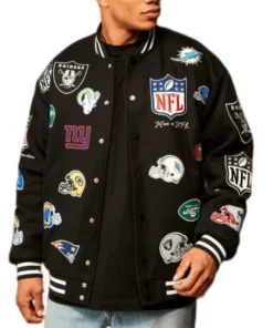 NFL Multi Patch Oversized Black Bomber Jacket