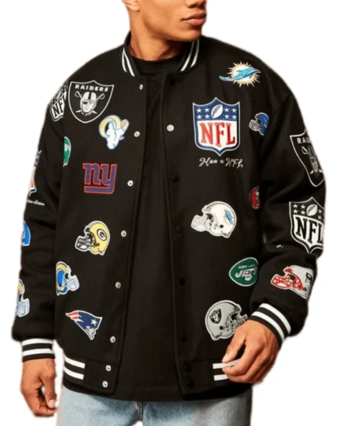 NFL Multi Patch Oversized Black Bomber Jacket