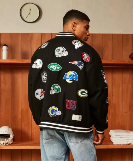 Shop NFL Multi Patch Oversized Black Bomber Jacket