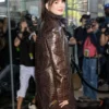 New York Fashion Week 2023 Anne Hathaway Brown Leather Coat