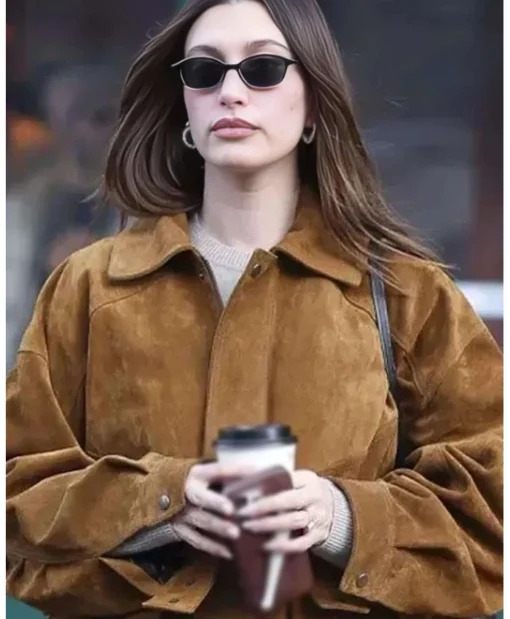 Celebrity Style NYC 2025 Hailey Bieber Brown Suede Bomber Jacket