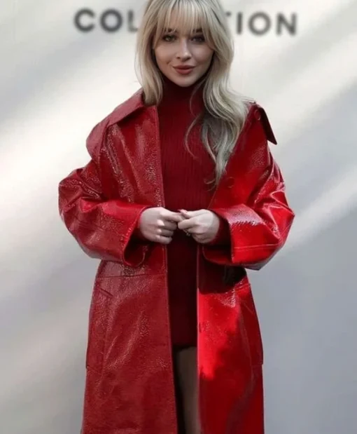 NYFW 2025 Sabrina Carpenter Red Leather Coat Shop in Sale
