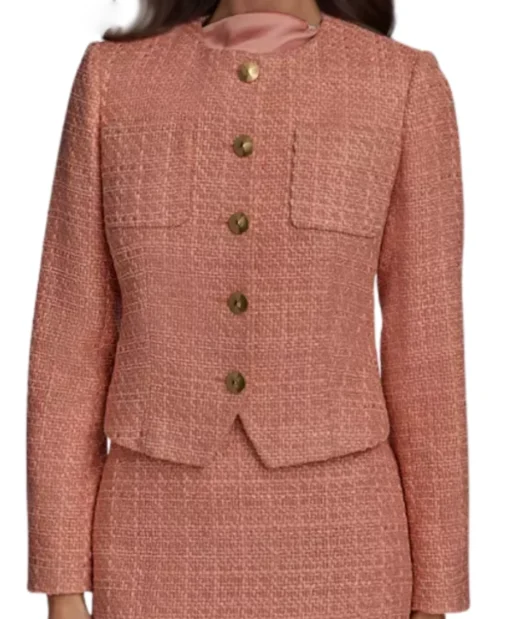 Li Finnegan Bold and the Beautiful 2025 Naomi Matsuda Collarless Tweed Blazer