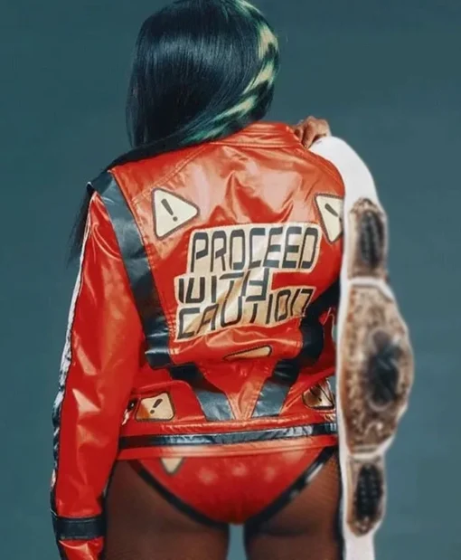 WWE Wrestler Naomi Proceed With Caution Red Leather Jacket
