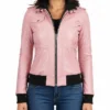 Pink Bomber Leather Jacket With Removable Hood For Women