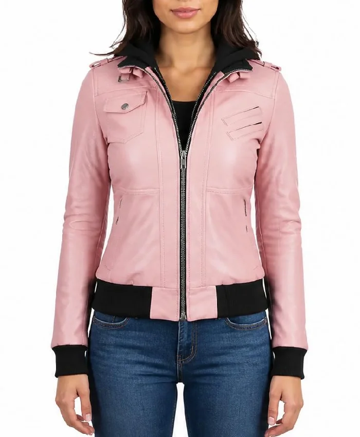 Pink Bomber Leather Jacket With Removable Hood For Women