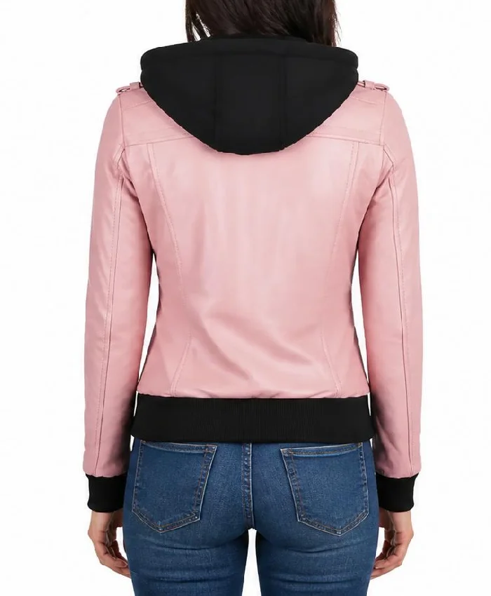 Pink Bomber Leather Jacket With Removable Hood For Womens