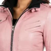 Pink Bomber Leather Jacket With Removable Hood Women