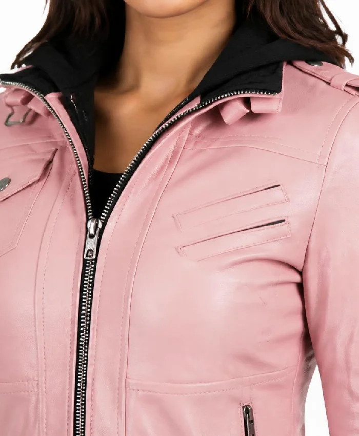 Pink Bomber Leather Jacket With Removable Hood Women