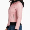 Pink Bomber Leather Jacket With Removable Hood Womens