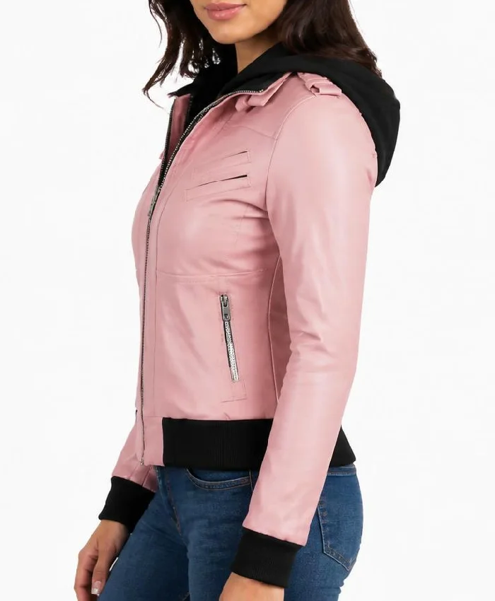 Pink Bomber Leather Jacket With Removable Hood Womens