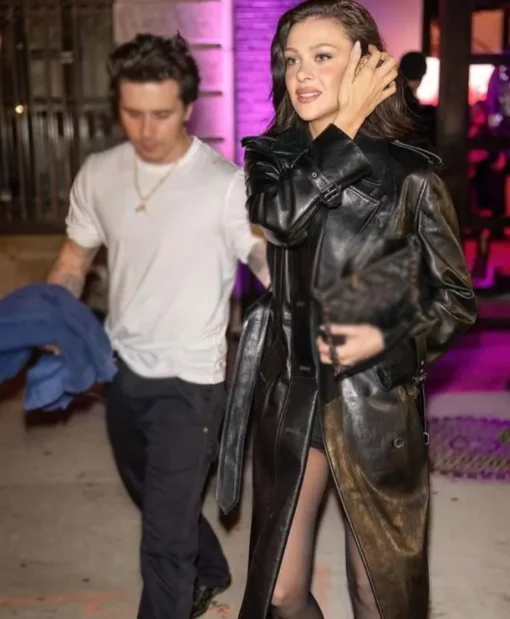New York Fashion Week Winter Nicola Peltz Black Leather Trench Coat