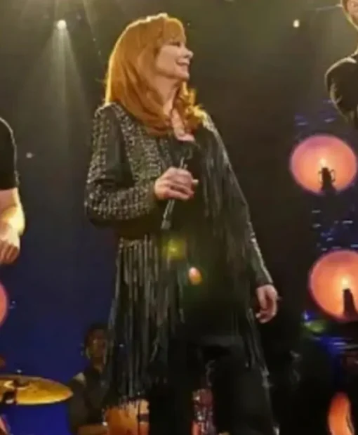 The Voice S28 Black Reba McEntire Black Fringed Studded Leather Jacket