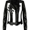 Women’s Black Leather Biker Jacket with Black and White Stripes