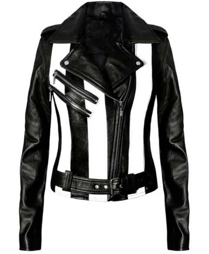 Women’s Black Leather Biker Jacket with Black and White Stripes