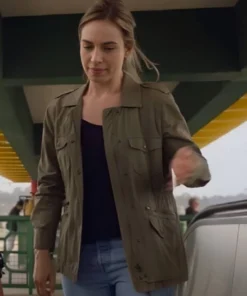Lily James Film Swiped 2025 Whitney Wolfe Herd Cotton Army Green Jacket