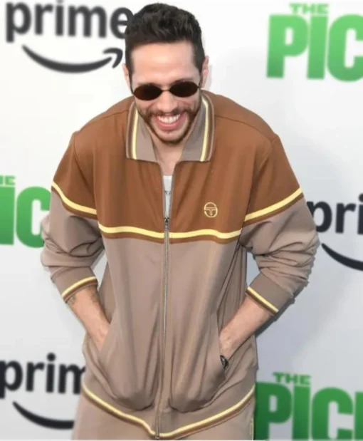Travis Stolly The Pickup July 2025 Pete Davidson Yellow Stripes & Ribbed Trim Zipper Jacket