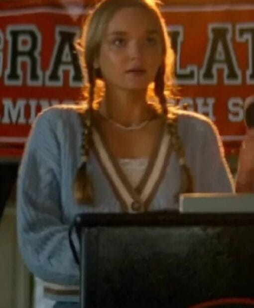 Lilah Pate TV Series The Runarounds 2025 Sophia Kinney Cable Knitted Oversized Blue and Brown Cardigan