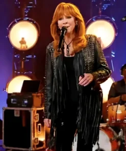 Reba McEntire The Voice S28 Black Fringed Leather Jacket