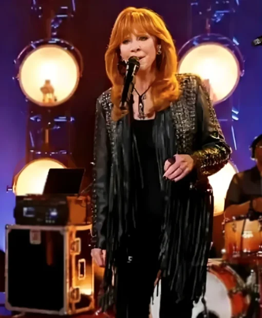 Reba McEntire The Voice S28 Black Fringed Leather Jacket