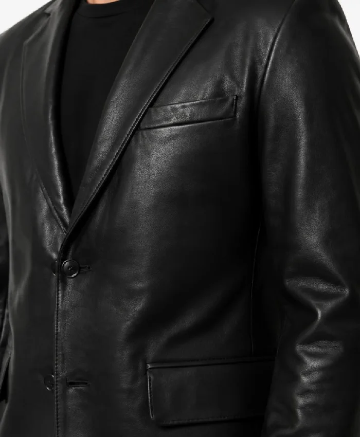 Two Button Notch Lapel Black Leather Blazer For Men