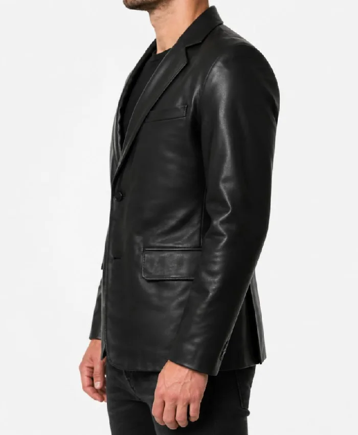 Two Button Notch Lapel Black Leather Blazer For Mens