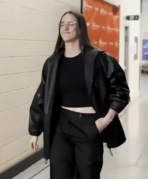 WNBA Playoffs Semifinal 2025 Caitlin Clark Black Leather Jacket