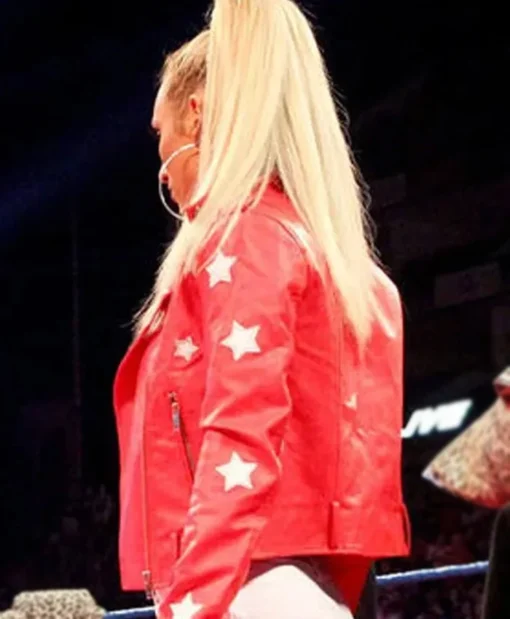WWE Wrestler Carmella Red Leather Biker Jacket with White Stars