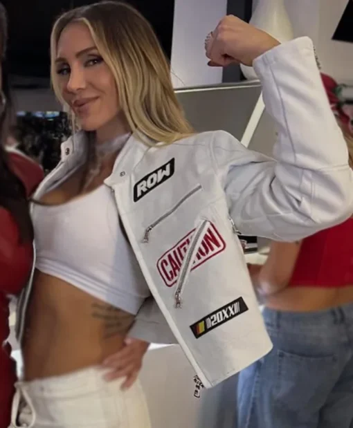 World Wrestling Entertainment 2025 Charlotte Flair Caution Not So Quite Leather Racing Jacket - White