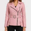 Women Asymmetrical Belted Leather Jacket in Pink