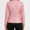 Asymmetrical Women Belted Pink Leather Jacket