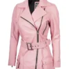 Women Asymmetrical Belted Pink Leather Jacket