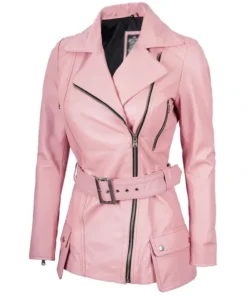 Women Asymmetrical Belted Pink Leather Jacket