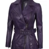 Women Asymmetrical Belted Purple Leather Jacket