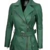 Women Asymmetrical Green Belted Leather Jacket