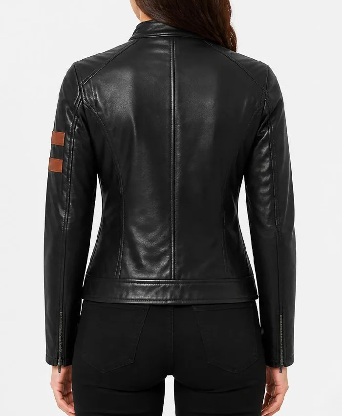 Women Fashion Black Biker Leather Jacket With Cognac Stripes