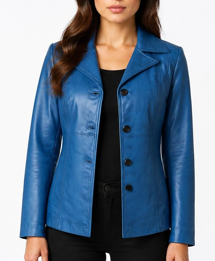 Women Katie 3-4 Length Car Blue Leather Coat
