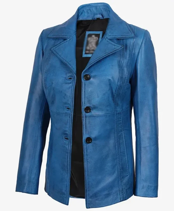 Women Katie 3 4 Length Car Blue Leather Coat