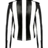 Shop Women’s Black Leather Biker Jacket with Black and White Stripes For Sale