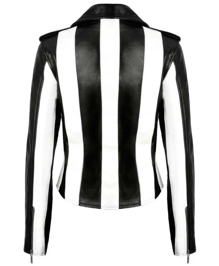 Shop Women’s Black Leather Biker Jacket with Black and White Stripes For Sale