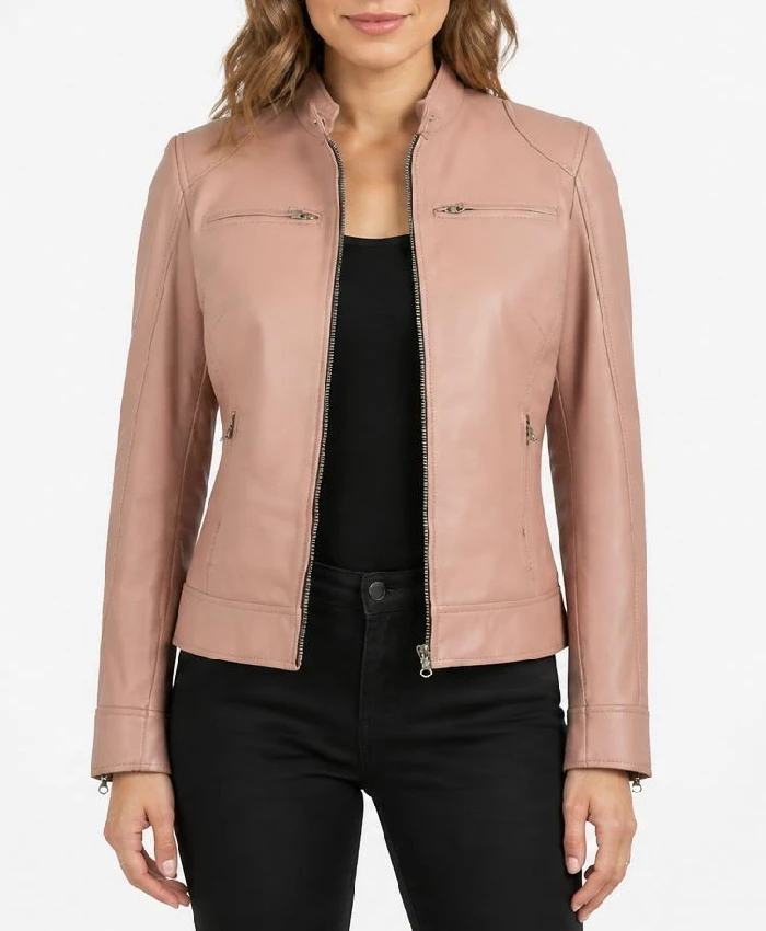 Womens Cafe Racer Style Light Pink Biker Leather Jacket