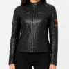 Womens Fashion Black Biker Leather Jacket With Cognac Stripes