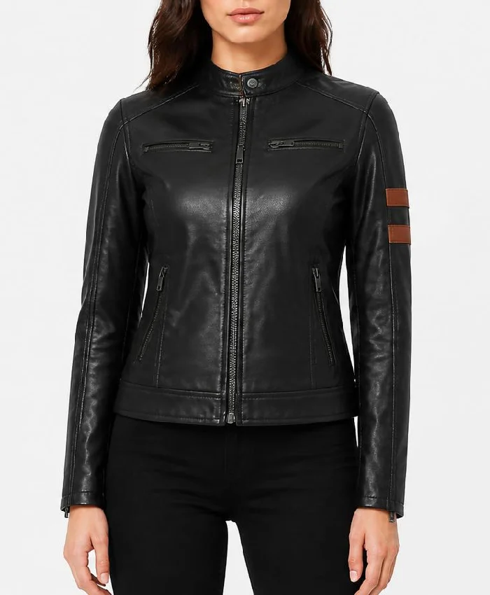 Womens Fashion Black Biker Leather Jacket With Cognac Stripes