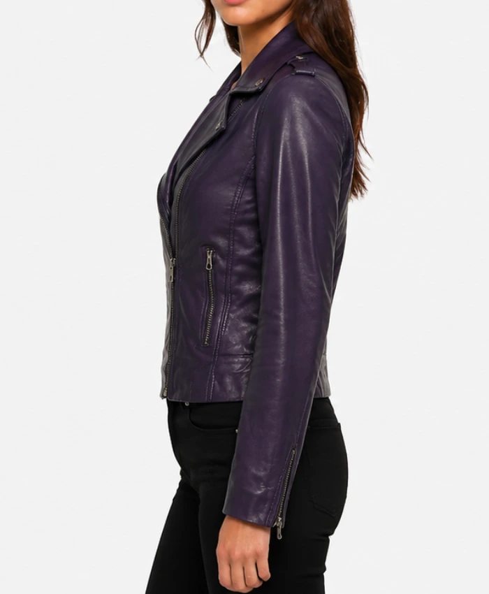 Womens Kirsten Wax Asymmetrical Biker Purple Leather Jacket