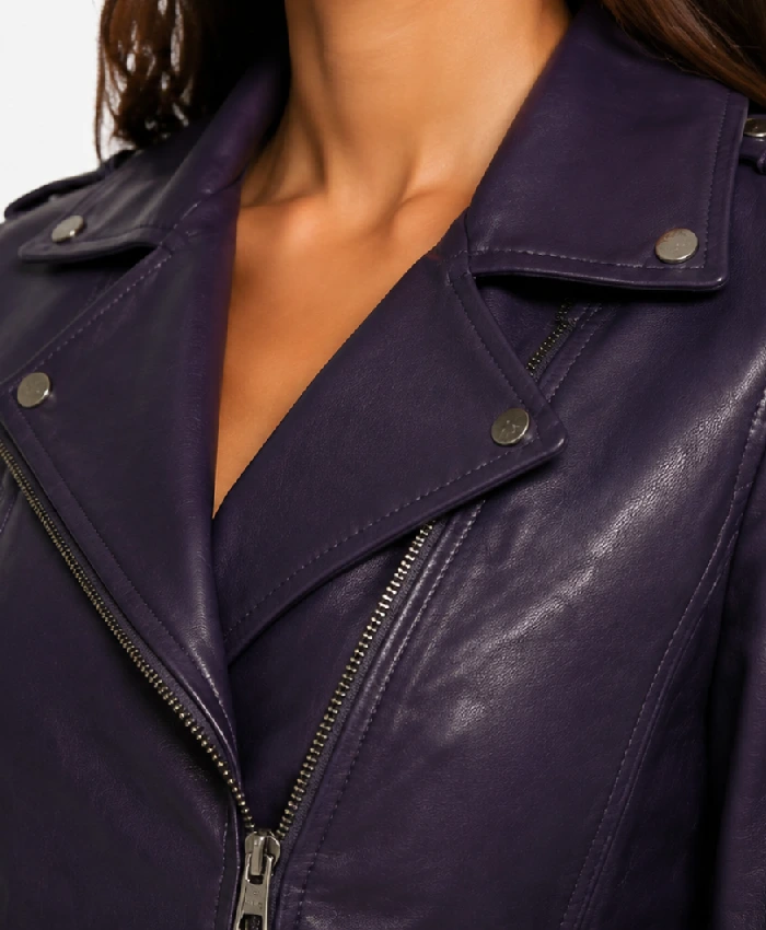 Womens Kirsten Wax Fashion Asymmetrical Biker Purple Leather Jacket