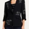 Womens Love Letter Feather Sleeves Text Printed Black Blazer