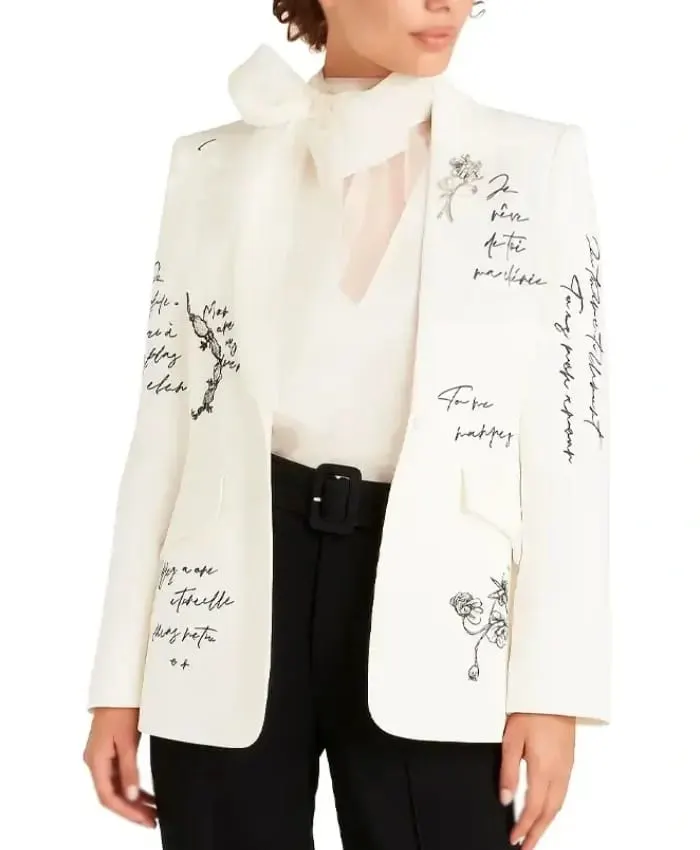 Womens Love Letter Feather Sleeves Text Printed Blazer - Front