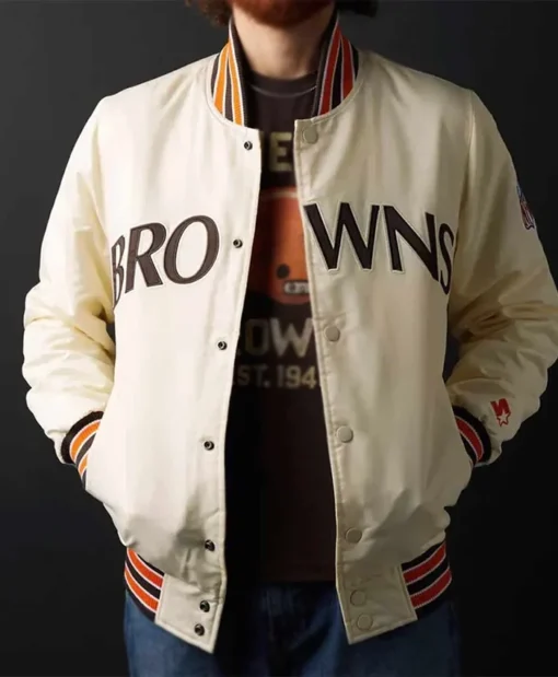 Cleveland Browns 90’s Starter White Satin Full-Snap Bomber Jacket