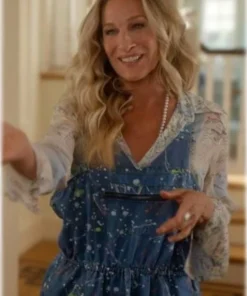 Carrie Bradshaw TV-Series And Just Like That S03 Sarah Jessica Parker Blue Splatter Print Overalls Buy Now