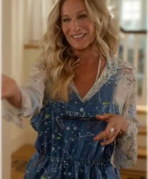Carrie Bradshaw TV-Series And Just Like That S03 Sarah Jessica Parker Blue Splatter Print Overalls Buy Now